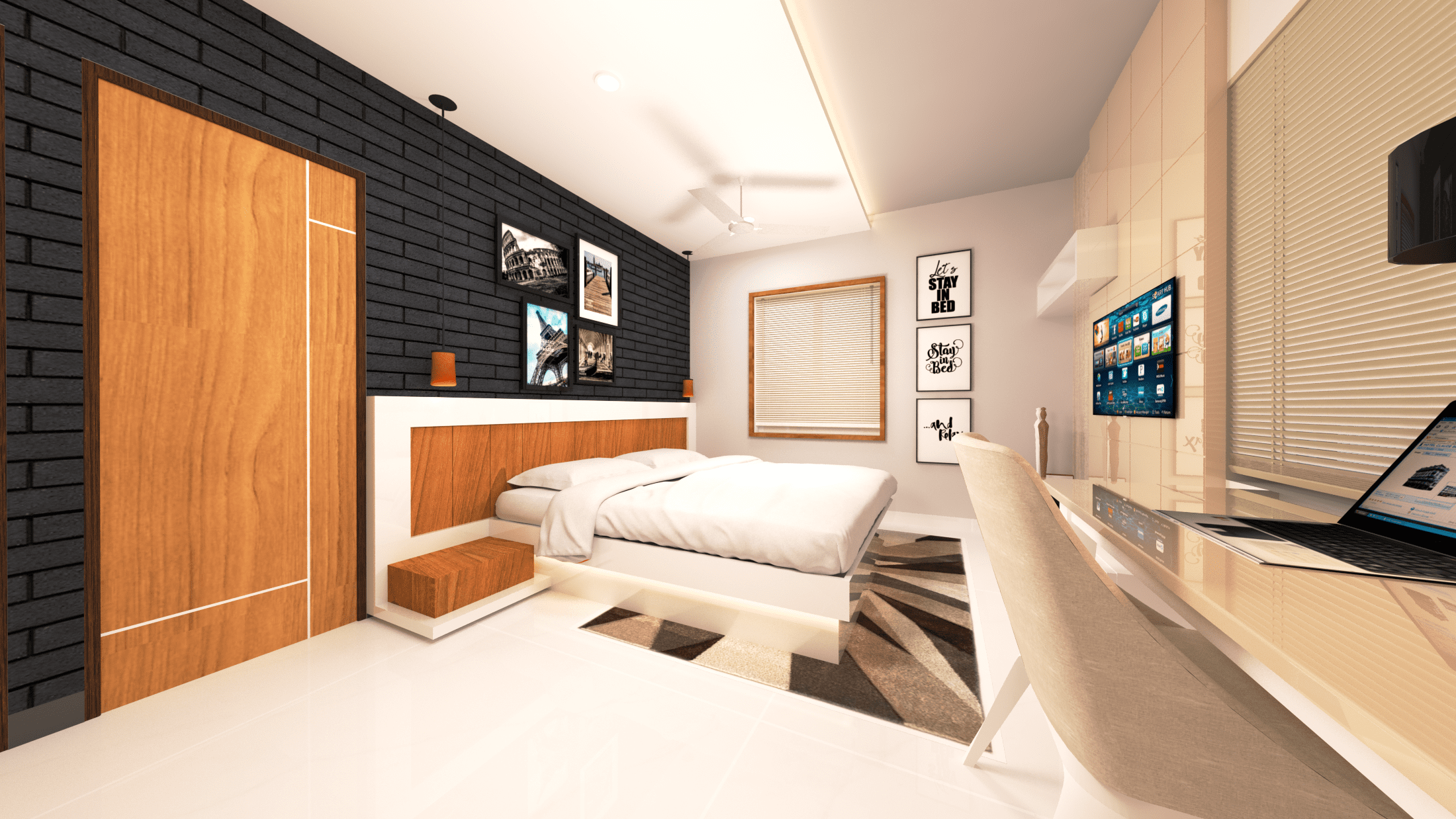 Contemporary Bedroom with TV Cum Study Unit