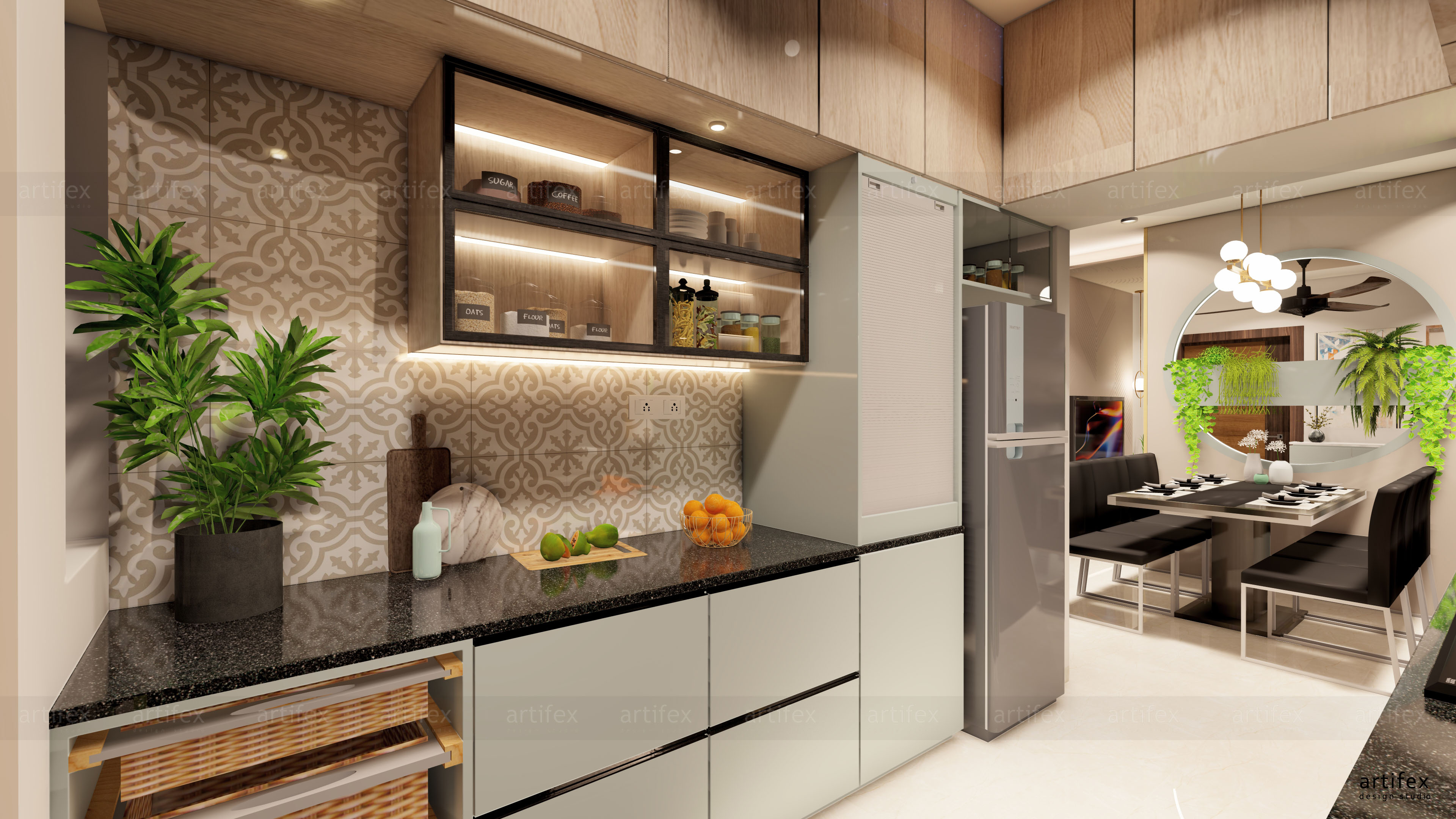 Modern Kitchen with Glass Overhead Cabinets