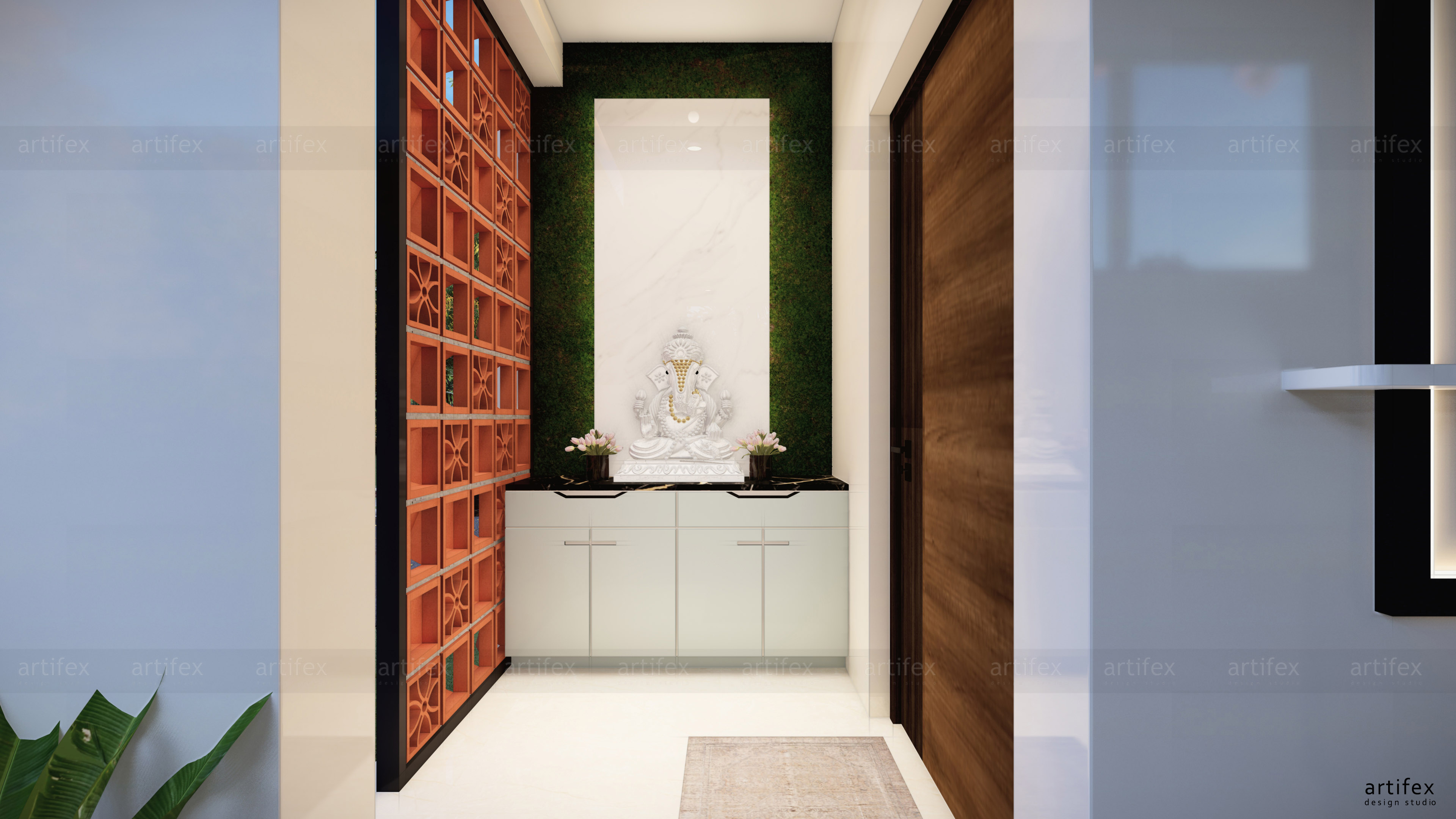 Residence Contemporary Foyer Design with Ganesh Statue