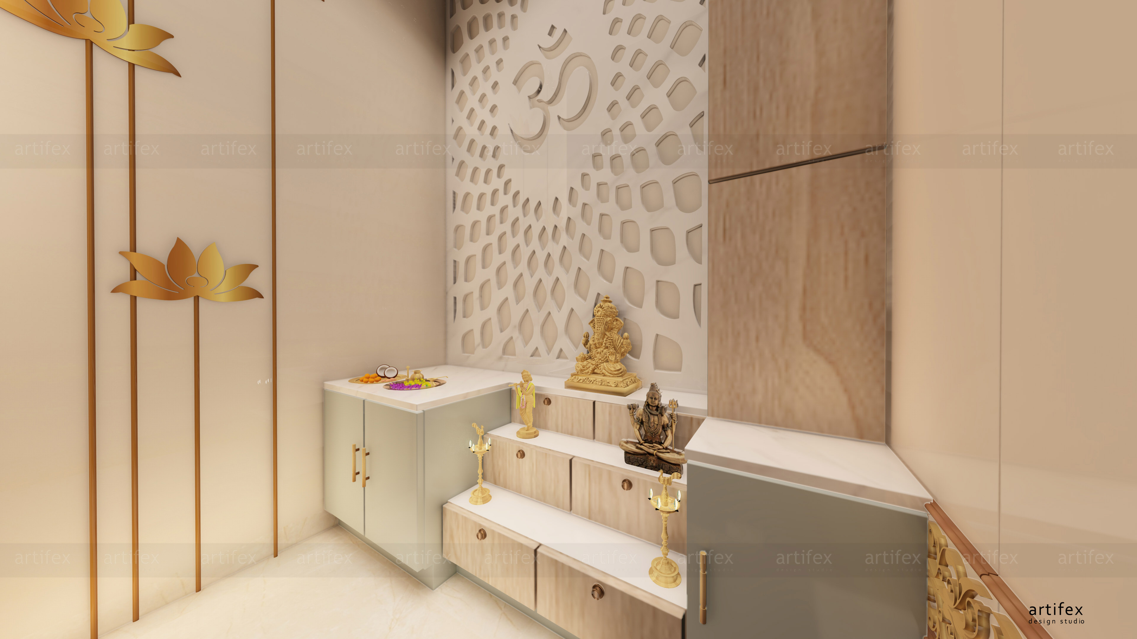 Modern Puja Room with Storage Unit & Jaali